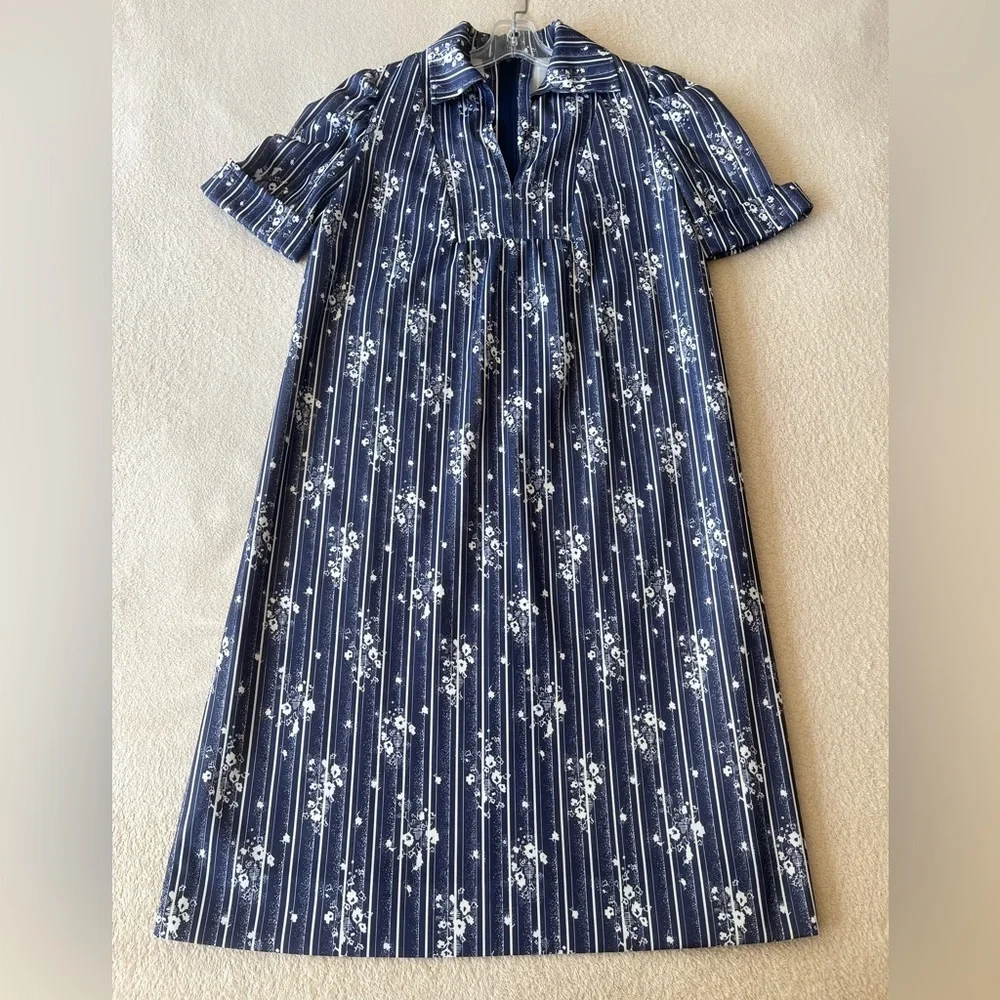 Vintage 70s Navy Floral Stripe A-Line Dress with Puff Sleeves - Picture 3 of 10